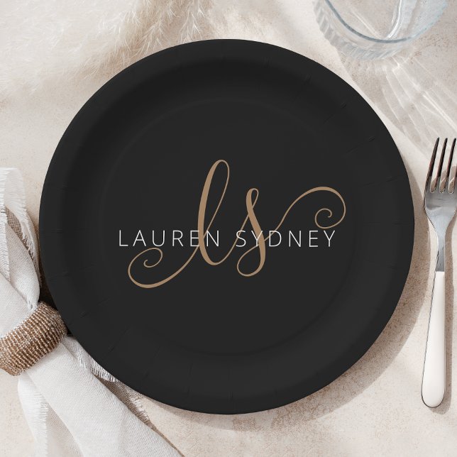 Plato De Papel Guión femenino de oro negro moderno monogramado (Subido por el creador)