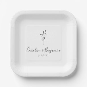 Plato De Papel Guión floral simple Personalizado Boda Boho blanco