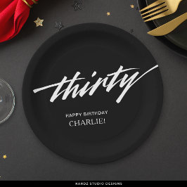 Plato De Papel Guión moderno Blanco negro 30 cumpleaños