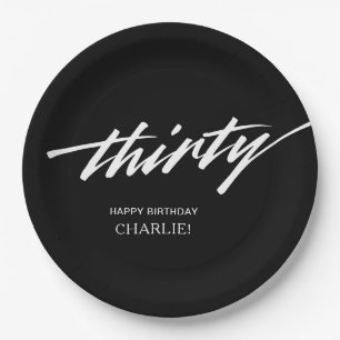 Plato De Papel Guión moderno Blanco negro 30 cumpleaños