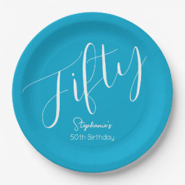 Plato De Papel Guión moderno simple Aqua Blue 50 cumpleaños