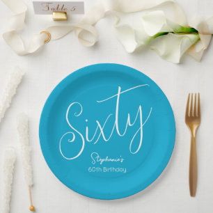Plato De Papel Guión moderno simple Aqua Blue 60 cumpleaños