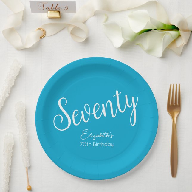 Plato De Papel Guión moderno simple Aqua Blue 70 cumpleaños (Boda)