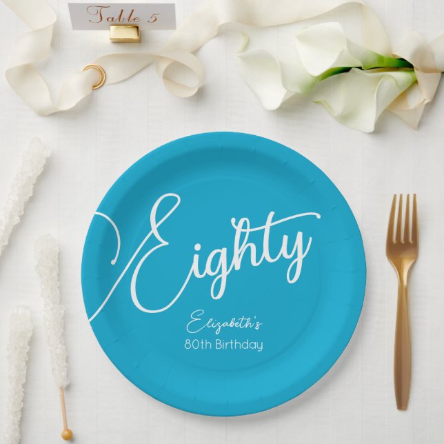 Plato De Papel Guión moderno simple Aqua Blue 80th Birthday Party (Boda)