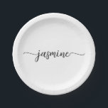 Plato De Papel Guión monograma de caligrafía de goma blanca minim<br><div class="desc">Moderno Minimalista Elegante Blanco Feminino Nombre de Monograma Script Firma Personalizado Placas de papel personalizadas. Este diseño presenta su nombre de pila en una tipografía con tipografía con tipografía de tipografía con tipografía de cola de bonito (o caligrafía) en color negro sobre fondo blanco. Son fáciles de personalizar. Ideal para...</div>