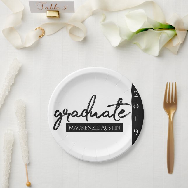 Plato De Papel Guión negro graduado | Clásica Keepsake con el año (Boda)
