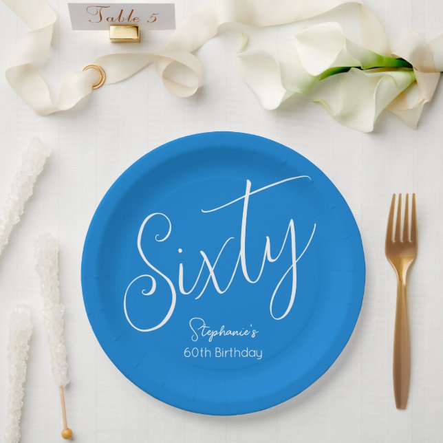 Plato De Papel Guión simple moderno Azul 60 cumpleaños (Boda)