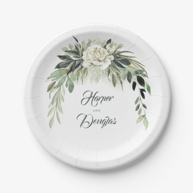 Plato De Papel Guirnalda Botánica Verde Acuarela Vintage (Anverso)