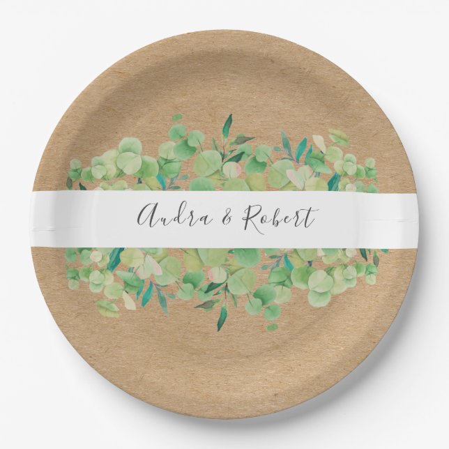 Plato De Papel Guirnalda de boda de eucalipto verde rústico (Anverso)