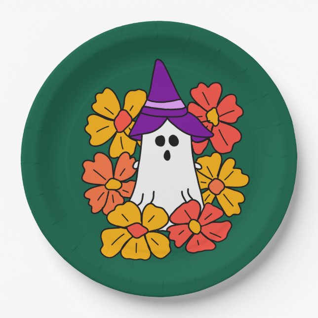 Plato De Papel Guirnalda de flor fantasma de Halloween (Anverso)