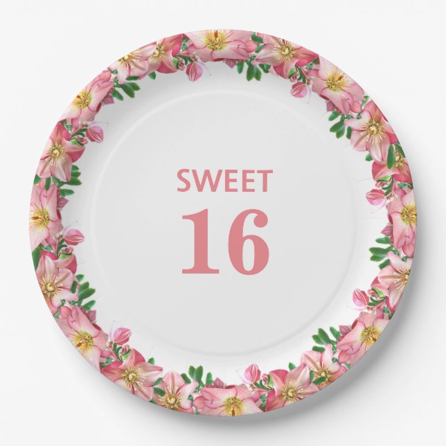 Plato De Papel Guirnalda de flores rosadas Sweet 16 sobre blanco  (Anverso)