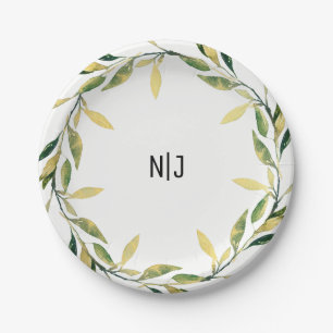Plato De Papel Guirnalda de hoja verde botánica dorada rústica na