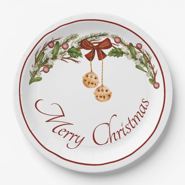 Plato De Papel Guirnalda de lazo y campanas de Feliz Navidad (Anverso)
