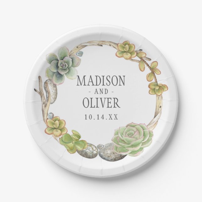 Plato De Papel Guirnalda de los Succulents, de las ramitas y de (Anverso)