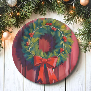 Plato De Papel Guirnalda de Navidad Puerta Roja Acuarela
