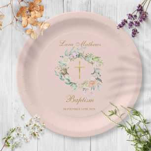 Plato De Papel Guirnalda de rosa bautizo bautismo rosa pálido