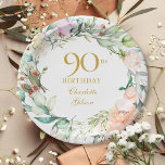 Plato De Papel Guirnalda de Rosas Florales Cumpleaños 90<br><div class="desc">Con una delicada guirnalda floral de acuarela,  esta elegante servilleta botánica de cumpleaños 90 se puede personalizar con la información de su cumpleaños número noventa en texto dorado elegante. Diseñado por Thisisnotme©</div>