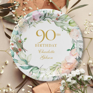 Plato De Papel Guirnalda de Rosas Florales Cumpleaños 90