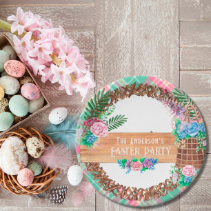 Plato De Papel Guirnalda floral de acuarela rústica Feliz Pascua