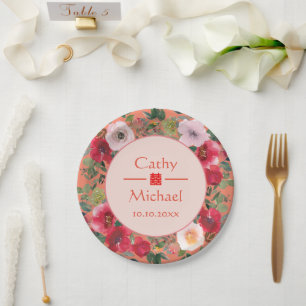 Plato De Papel Guirnalda floral de círculo naranja boda china mod