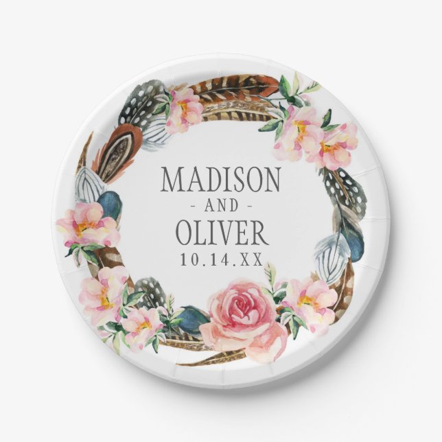 Plato De Papel Guirnalda floral de la acuarela con las plumas el (Anverso)