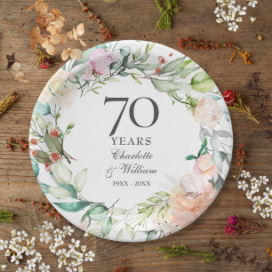 Plato De Papel Guirnalda Floral de Rosas 70 Aniversario de Boda