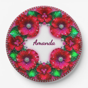 Plato De Papel Guirnalda floral redonda con joyas rojas y verdes
