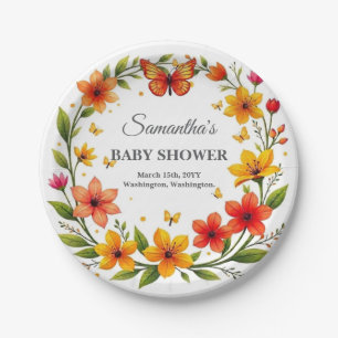 Plato De Papel Guirnalda floral vibrante para baby shower con tex