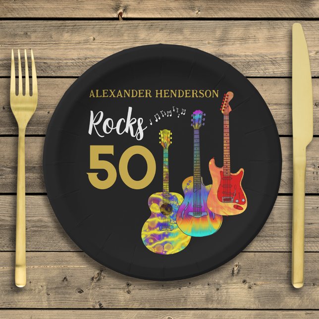 Plato De Papel Guitar 50 cumpleaños fiesta 50 rocas (Rock and roll 50th birthday party paper plate personalized for him funky guitar gold and black)