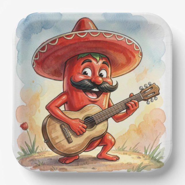 Plato De Papel Guitarrista de Pimiento Chili Rojo (Anverso)