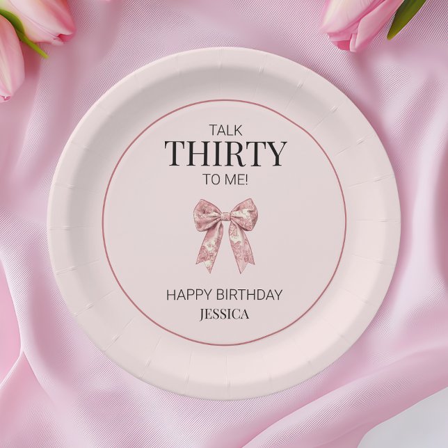 Plato De Papel Hablar Treinta para Mí Elegante Bow Rosado 30 cump (Talk Thirty to Me Elegant Pink Bow 30th Birthday Paper Plates)