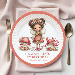 Plato De Papel Hada Alegre Cumpleaños 3º Flores Rosadas Papel