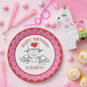 Plato De Papel "Hada cardíaca" rosa/roja© Personalizado Birthday 
