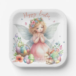 Plato De Papel Hada de Pascua de primavera en acuarela