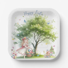 Plato De Papel Hada de Pascua de primavera en acuarela