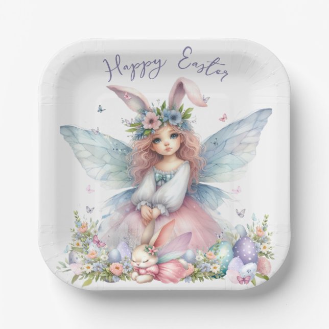 Plato De Papel Hada de Pascua de primavera en acuarela (Anverso)