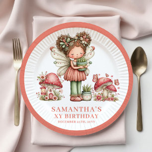 Plato De Papel Hada juguetona Cumpleaños 3 años Floral Rosa Paste