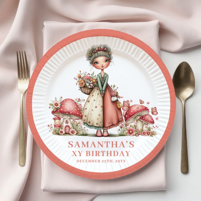 Plato De Papel Hada Radiante Cumpleaños 5 Champiñón Rosa Papel (Radiant Fairy 5th Birthday Pink Mushroom Paper Plates)