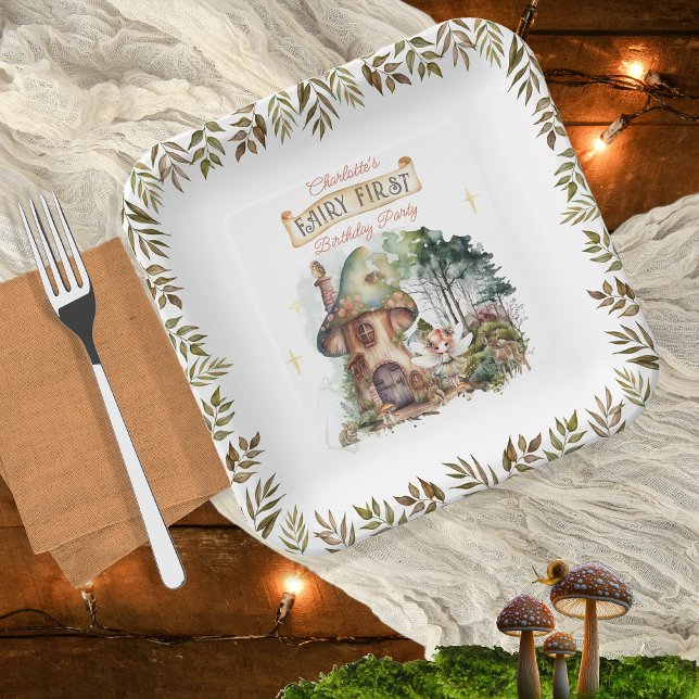 Plato De Papel Hadas Primeros Animales Woodland hongos Primer cum (Fairy First Woodland Animals Mushrooms Girl's 1st Birthday Party Square Paper Plates)