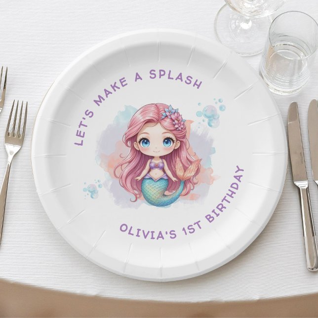 Plato De Papel Hagamos una fiesta de cumpleaños de sirena para lo (Let's Make a Splash Girls Mermaid Birthday Party Paper Plates
)