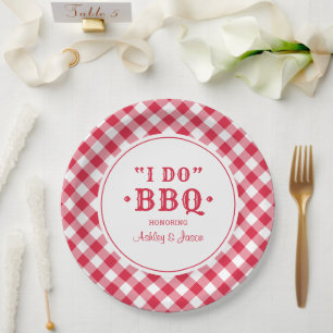 Plato De Papel Hago Barbacoa Cuadrillé Rojo Personalizado Monogra