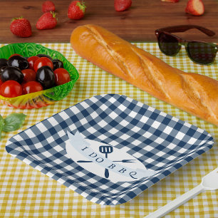 Plato De Papel Hago BBQ Vintage Farmhouse Cuadro Azul Marino