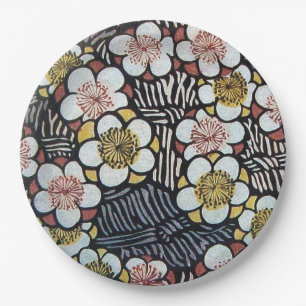 PLATO DE PAPEL HAIKU/ NEGRO BLANCO ROSA AMARILLO FLORES DE PRIMAV