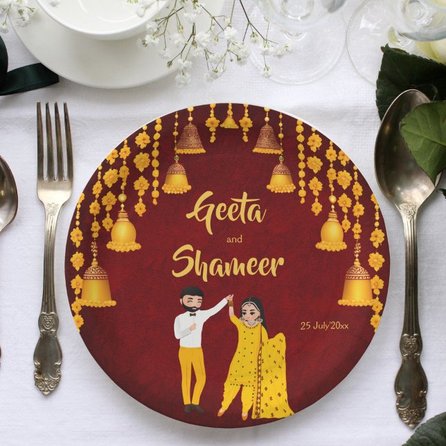 Plato De Papel Haldi Mehndi Sangeet boda indio marrón amarillo (Haldi Mehndi Sangeet Indian wedding maroon yellow template Paper Plates personalized tableware decor)