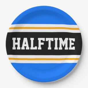 Plato De Papel HALFTIME Brillante Azul Blanco Negro Rayas Amarill