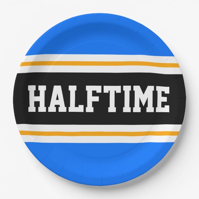 Plato De Papel HALFTIME Brillante Azul Blanco Negro Rayas Amarill (Anverso)