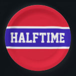 Plato De Papel HALFTIME Deportivo Brillante Marina Blanca Roja Ba<br><div class="desc">Este diseño deportivo de fútbol presenta texto en negrita de HALFTIME dentro de una banda central azul marino resaltada con franjas blancas adyacentes contra franjas exteriores brillantes rojas. El texto de este diseño se puede personalizar.</div>