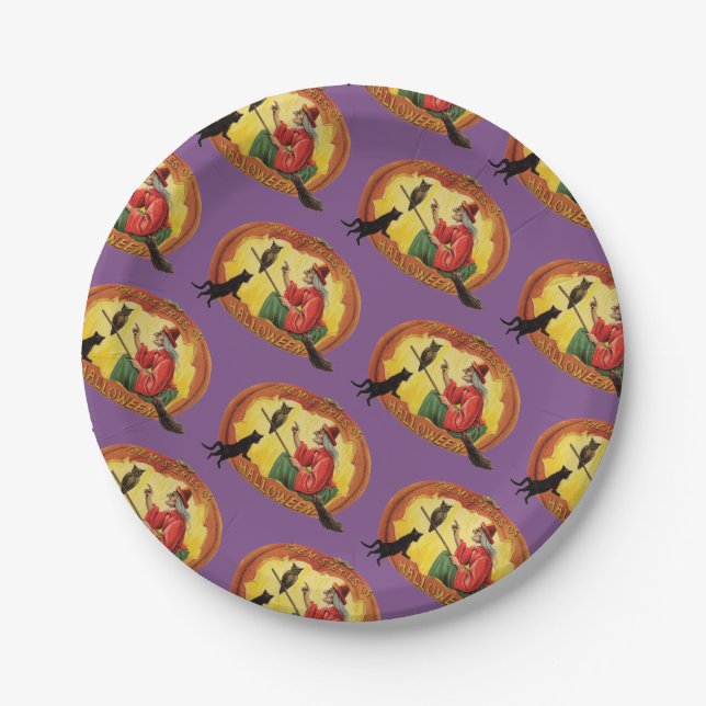 Plato De Papel Halloween a la antigua, bruja, gato negro y búho (Anverso)