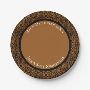 Plato De Papel Halloween Afligido Victoriano Naranja Negro Damask