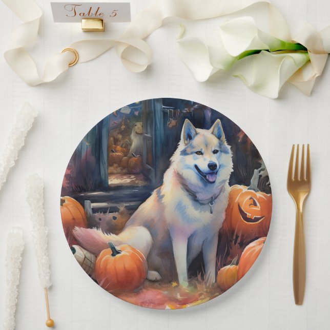 Plato De Papel Halloween Alaskan Malamute con calabazas aterrador (Boda)